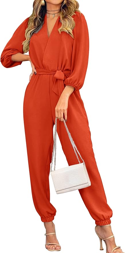 PRETTYGARDEN Women's Fall Jumpsuits Dressy Casual Pants Romper Spring Long Sleeve V Neck Belt Pockets One Piece Outfits