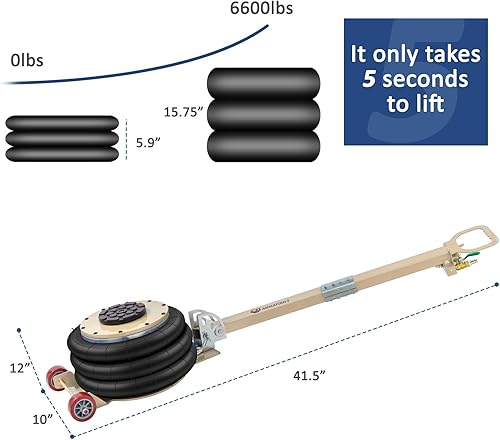 Miniatura 2 de Gato neumático de 16 pulgadas de altura de elevación de 3 bolsas de aire de 6600 libras de capacidad, mango plegable ajustable largo (blanco, mango