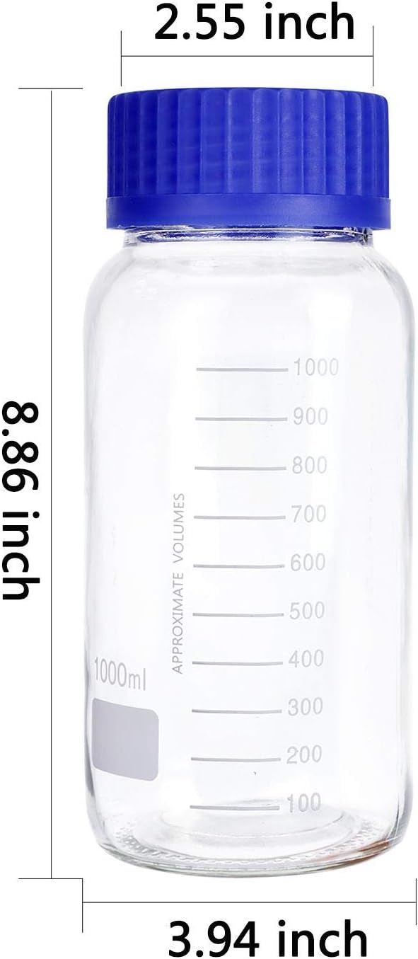 3 Pack 1000 mL Wide Mouth Graduated Round Reagent Media/Storage Lab Glass Bottle With GL80 Blue Polypropylene Screw Cap…