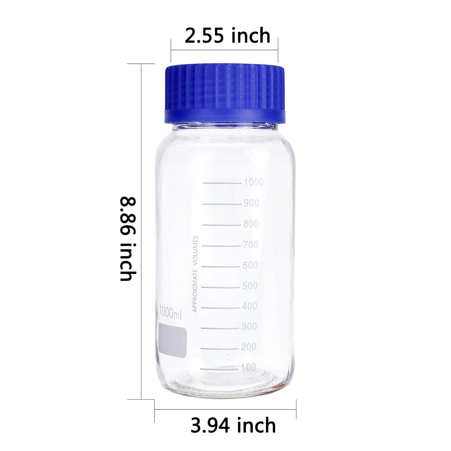 Pyrex - Paquete de 3 botellas de vidrio redondas graduadas de boca ancha de 1000 ml con tapón de rosca de polipropileno azul GL80