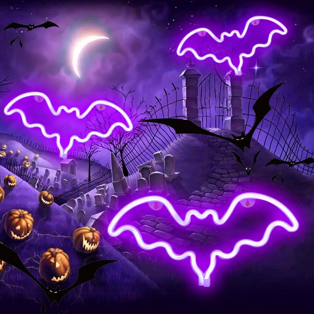 Vicila LED Neon Bat Signs Halloween Decor, Purple Bat Shape Neon Lights Gothic Battery Operated Desk Table Lamp for Bedroom, Bar, Wall, Coffin Decor-Bat(Purple)