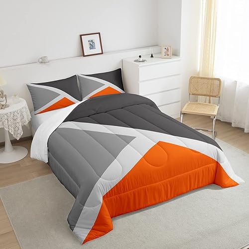 Miniatura 4 de Erosebridal Juego de edredón de triángulo geométrico, color naranja, gris oscuro, gris claro, tamaño matrimonial, para adolescentes, niños y niñas,
