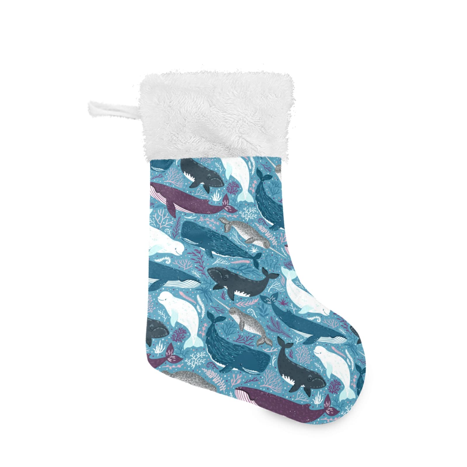 Seamless Whales Narwhal Blue, Beluga, White, Whale on Blue 1 PC Christmas Stockings, Large Burlap Plush Faux Fur Cuff 18"x8" Stockings for Bed Stairs Fireplace Xmas Tree Party Accessory