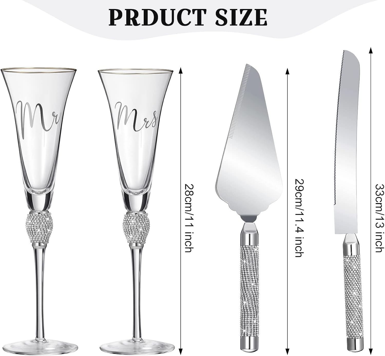 Boao 4 Piece Wedding Champagne Flutes and Cake Knife Server Set Crystal Mr and Mrs Toasting Flutes Rhinestone Cake Cutting Set for Bride and Groom Wedding Engagement Bridal Shower Gifts(Silver) - Image 3