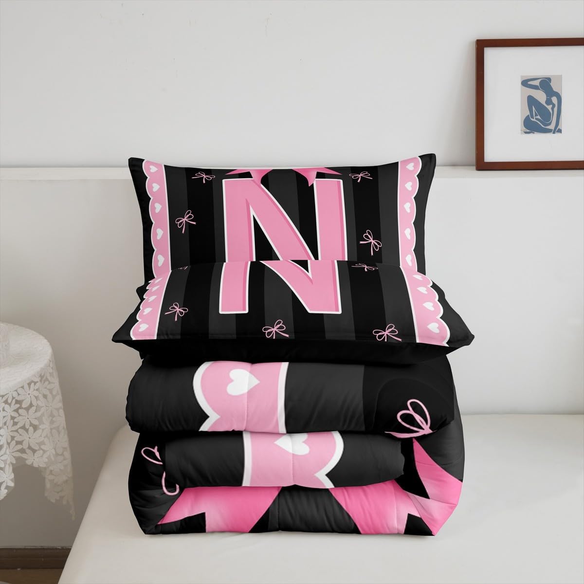 jejeloiu Pink Bow Comforter Set Girl Bow Coquette Bedding Set Twin Size for Kids Boys Girl Personalized Letter N Duvet Quilt Butterfly Knot Princess Duvet Initial Letter N Bedroom Decor