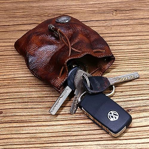 1Pcs Medieval Genuine Leather Drawstring Change Purse Key Ring Purse Coin Organizer Drawstring Gift Bag Jewelry Storage Bag Mini Multifunction Walle for Men & Women (Coffee)4