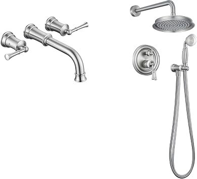 Tub Faucet, Brush Nickel Bathroom Wall Mount Tub Faucet & Freestanding Tub Filler With Handheld Shower Faucet, Ideal For Decorate Your BathroomB23612-BN