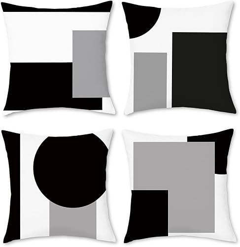 Juego de 4 fundas de almohada modernas con bloques de color negro, blanco y gris, 18 x 18 pulgadas, fundas de cojín geométricas abstractas para