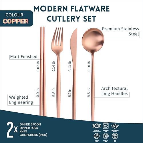 Miniatura 2 de KiiZYs - Juego de cubiertos de cobre mate, juego de utensilios de acero inoxidable de 8 piezas, moderno juego de cubiertos de bronce, palillos,