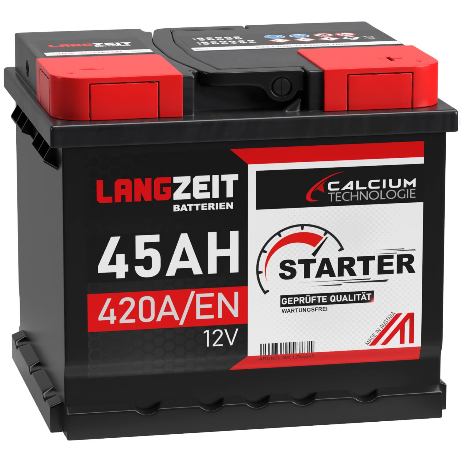 LANGZEIT Autobatterie 45Ah 12V 420A/EN Starterbatterie +30% mehr Leistung ersetzt Batterie 44Ah 36Ah 40Ah 41Ah 43Ah 46Ah 48Ah 50Ah