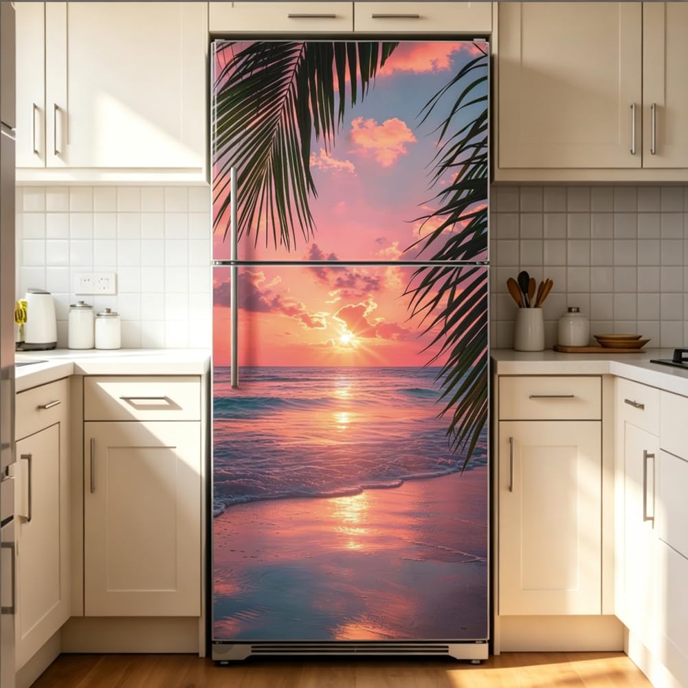 2 Blatt Farbverlauf Strand Türtapete Selbstklebend, 41.5x200cm Selbstklebende Abnehmbare Kühlschranktür Wandbilder Mit Sonnenuntergangsstrandmotiv 3D Für Dekoration von Küche Bar