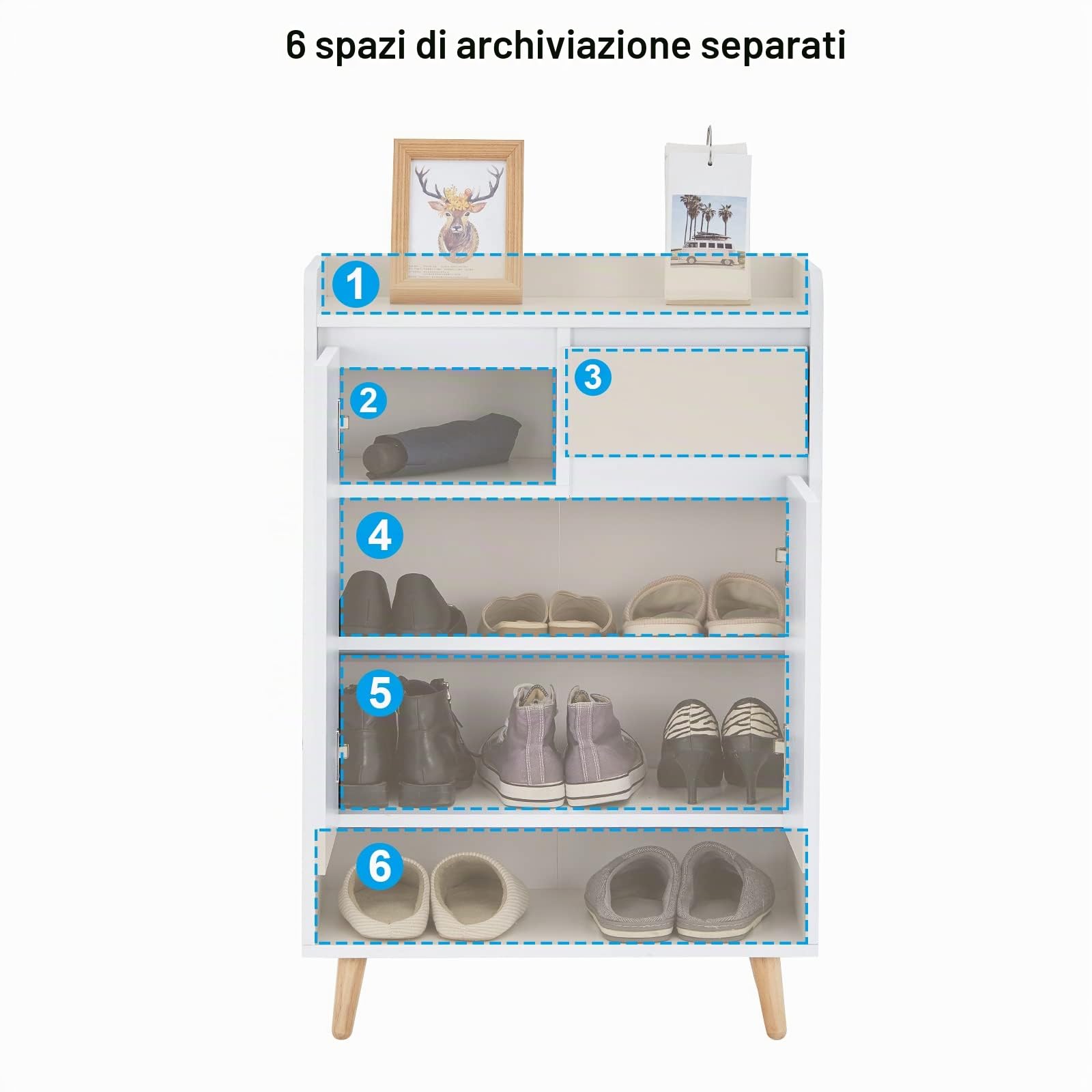 LEMROE Scarpiera in legno con 2 ante, organizer portascarpe a 5 livelli con 1 cassetto e 5 ripiani, scarpiera per corridoio, bianco, larghezza 60 cm