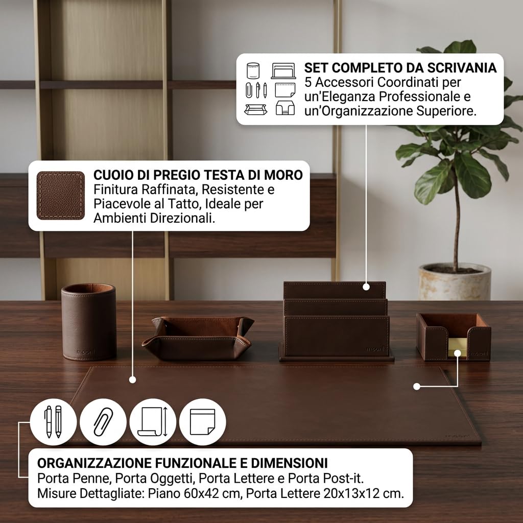 DiKasa Set da Ufficio in Cuoio Testa di Moro 5 Pezzi, Sottomano Scrivania con Porta Penne Porta Lettere Porta Oggetti e Porta Post-it, Kit Accessori Elegante per Studio e Ufficio