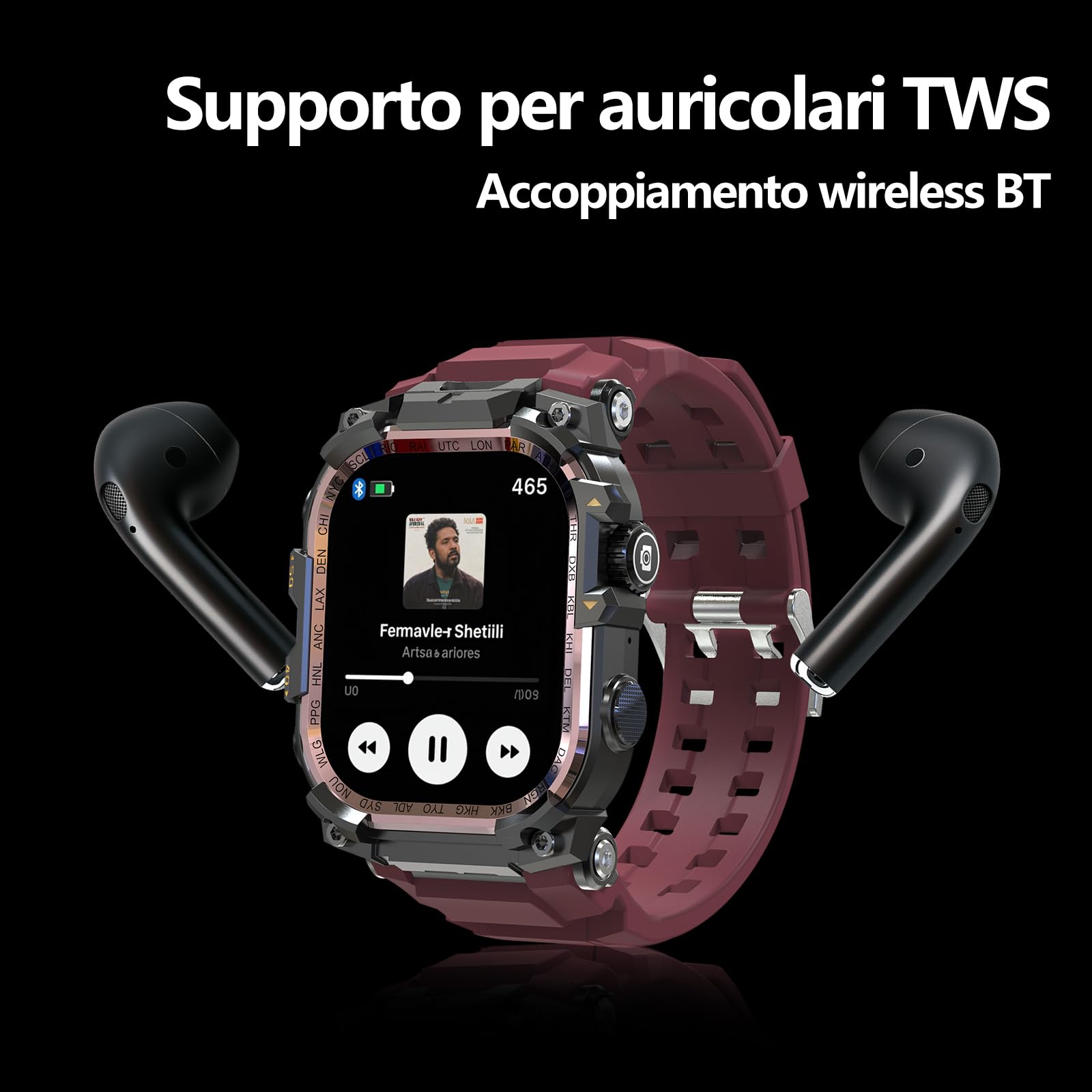 Smart Watch militare da uomo (memorizzazione musicale), orologio intelligente da 2 pollici per Android e iOS, fitness tracker con torcia/auricolari TWS collegabili/monitoraggio della (Nero)