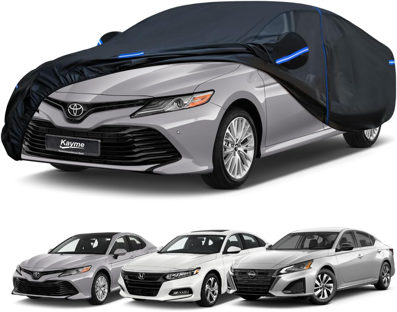 Kayme Car Cover Custom Fit for Toyota Camry/Camry Solara, Honda Accord, Nissan Altima, Windproof Upgraded & 100% Waterproof. All-Weather Full Exterior Cover Rain Sun Snow Protector with Door Zipper. Fit for Toyota Camry,Honda Accord,Nissan Altima Black-Blue