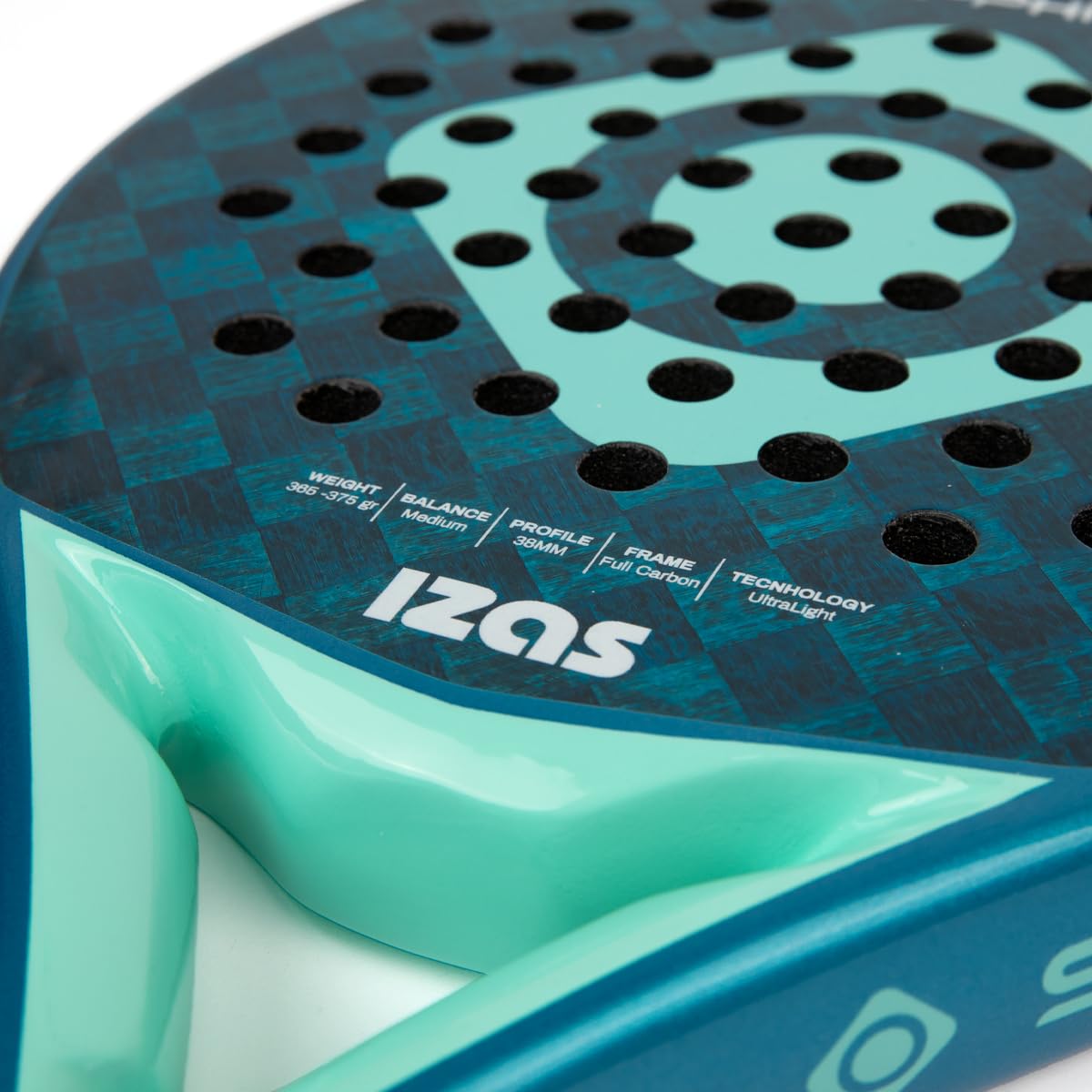 IZAS Sapphire Pala de Padel Ultra Ligera de Fibra de Carbono con Forma Lágrima. Pala 38mm de Diseño Ergonómico para Equilibrio Potencia y Control. Raqueta Unisex 365g