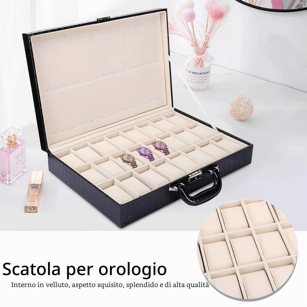 Valigia Porta Orologi, 24 Griglie Custodia per Orologi Nera Grande Spazio Interno in Velluto per riporre Gli Orologi