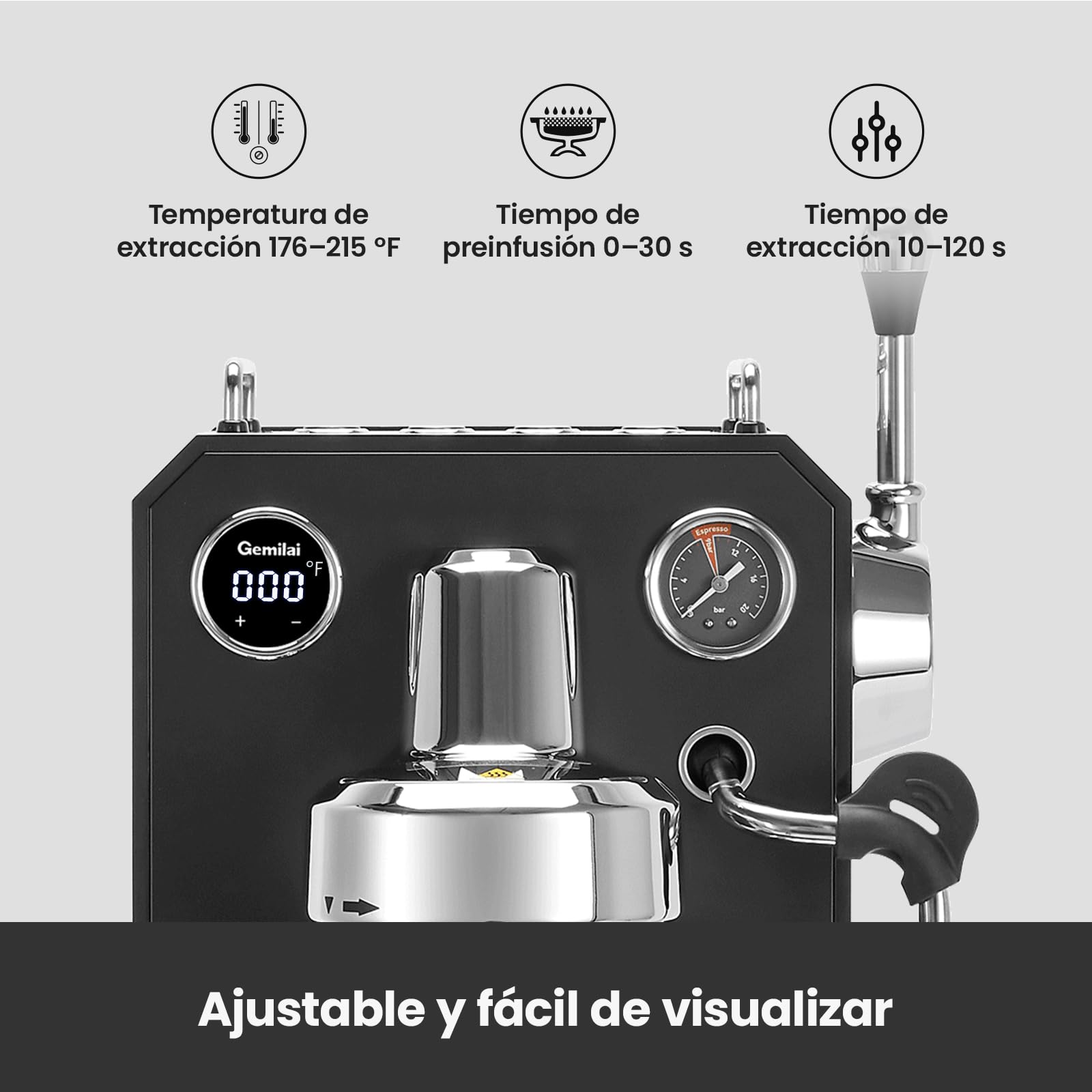 Gemillai Owl G3006, cafetera espresso doméstica, cabezal de grupo comercial de 58 mm y control de temperatura PID, cafetera de acero inoxidable para latte art de calidad barista, expositor, negro