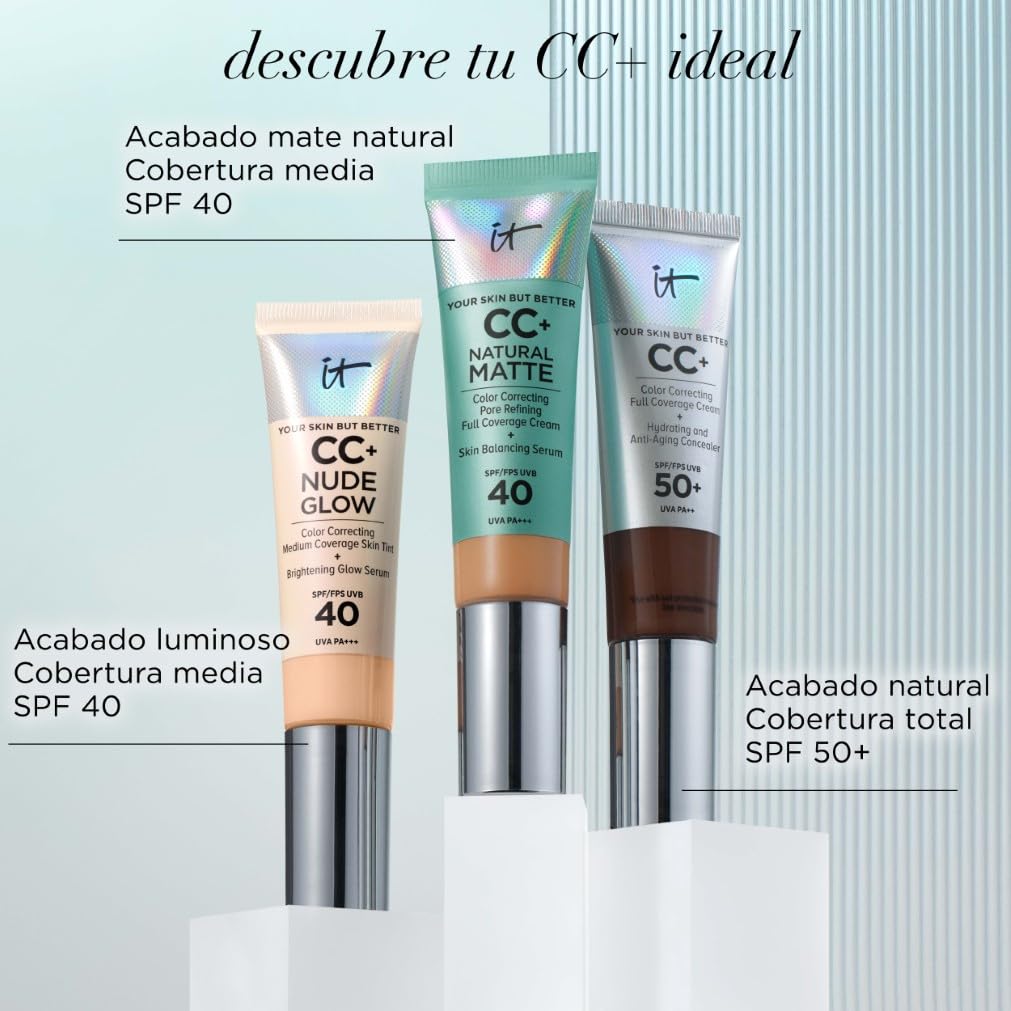 IT Cosmetics, Base de Maquillaje Matificante y Control de Brillo 16h, Minimiza Poros, Hidrata 24h, Your Skin But Better CC+ Natural Matte SPF 40, Tono Light Medium, 32 ml