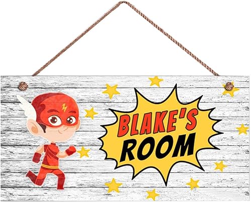 WOODSIGN Letrero de superhéroe para habitación de niños, rojo y amarillo, letrero personalizado, letrero para puerta con nombre para niños, arte