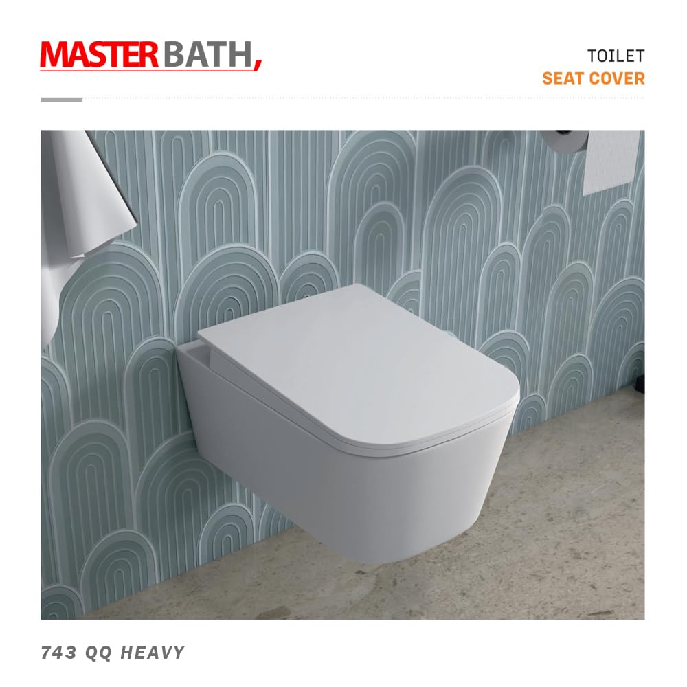 MASTER BATH MB743 QQ Toilet Seat Cover, Soft Close Toilet Seat 35cm x 44cm, Rectangle Shape for Western Commode, Toilet Seat Cover with Top Fixing Steel Hinges 1