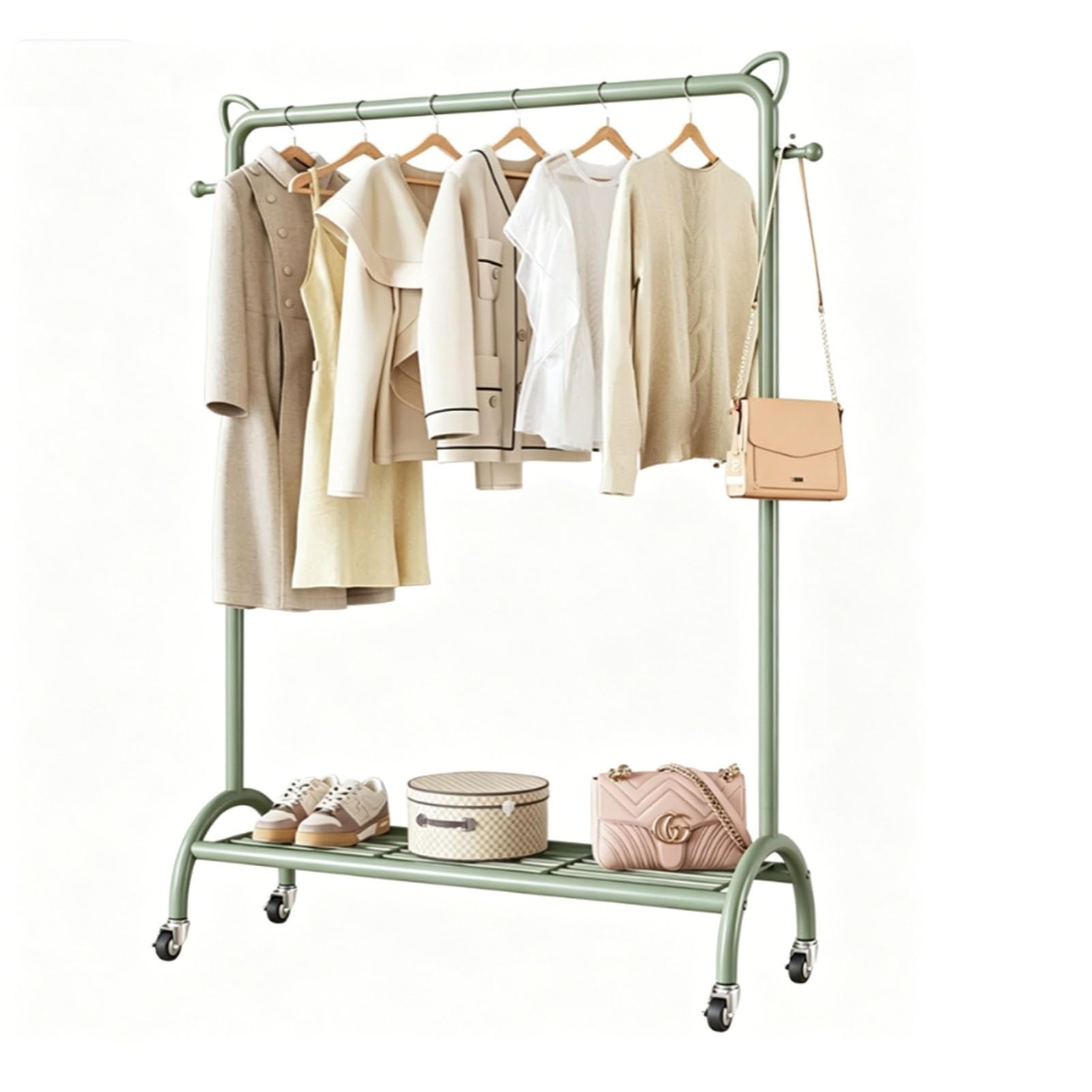 YAOHY Rack for Hanging Clothes, Clothing Rack On Wheels, Rolling Garment Rack With Mesh Storage Shelf Sturdy Metal Frame, for Hanging Clothes, Coats, Skirts(Green,39.3in/100cm)