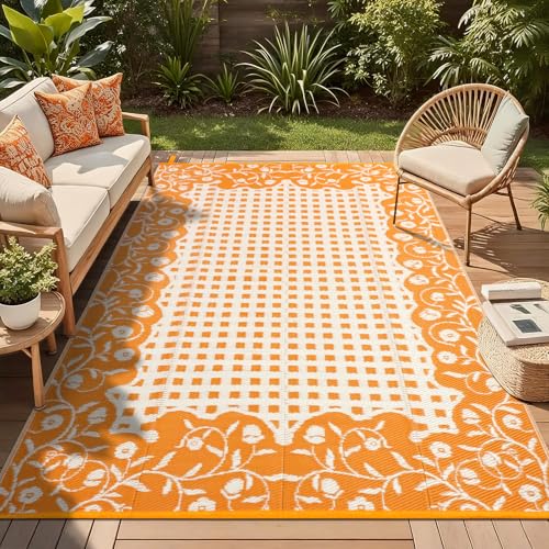 Image of TUKDAK Orange Outdoor Rugs for Patios Waterproof 150x245cm, Reversible Large Garden Rug, Summer Foldable Outside Rug, Recycled Plastic UV Resistant Camping Carpet for Balcony RV Picnic Backyard Deck
