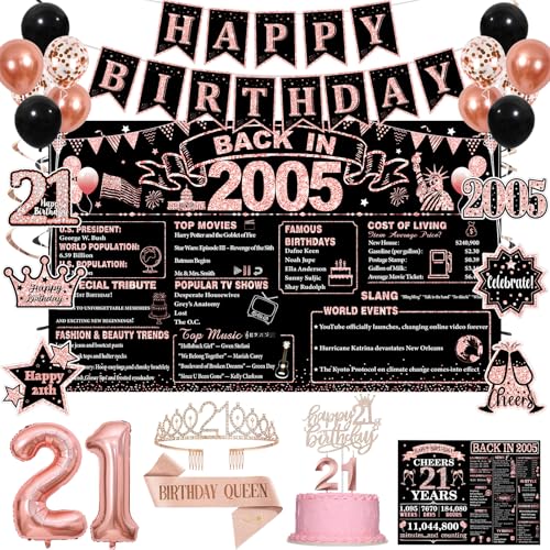 21st Birthday Decorations Black & Rose Gold Party Kit for Her with Birthday Sash Crown Banner Balloons Back in 2005 Backdrop Cake Toppers Candles Happy 21st Birthday Decorations