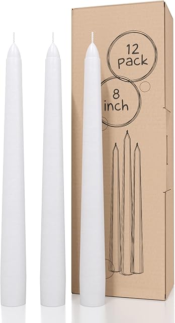 CANDWAX 8 inch Taper Candles Set of 12 - Dinner Candles Dripless - Tall Candles Long Burning Perfect for Dinner, Party or Christmas Candles Decor - White Candles