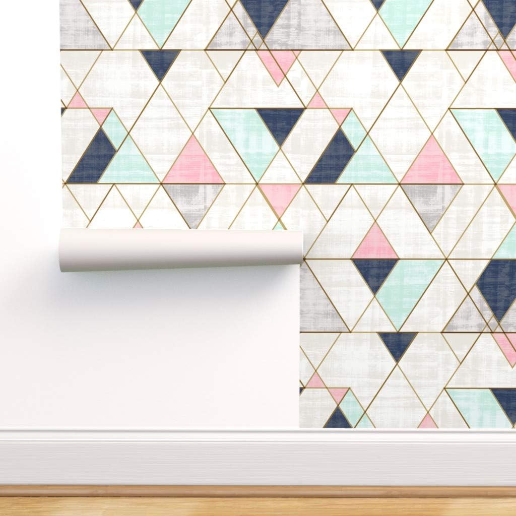 Flash Deals - 40% OFF Peel & Stick Wallpaper 9ft x 2ft - Navy Mint Pink Triangles Geo Small Geometric Custom Removable Wallpaper by Spoonflower