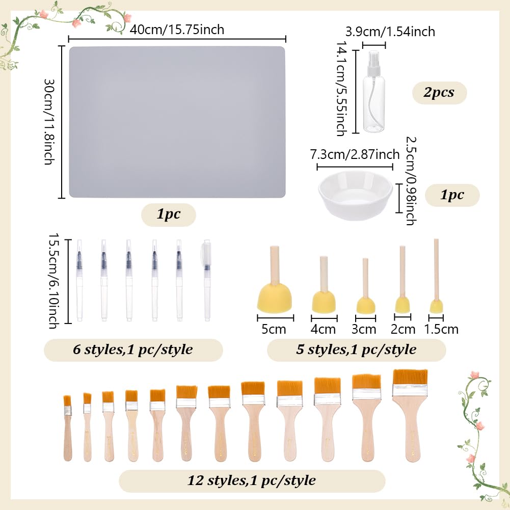 WEBEEDY - Kit de herramientas para decoupage (27 unidades, con 5 cepillos de esponja, 12 cepillos de madera, 6 bolígrafos de agua, 2 botellas de pulverización y alfombrilla de mesa de silicona para