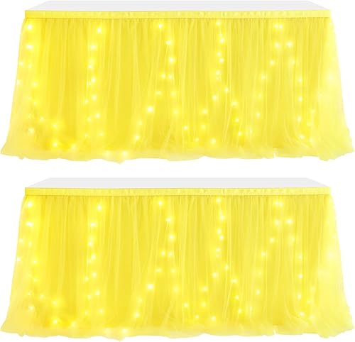Paquete de 2 faldas de mesa tutú de netbros con luces, faldas de mesa amarillas para mesas rectangulares de 6 pies, falda tutú de mesa para fiestas,