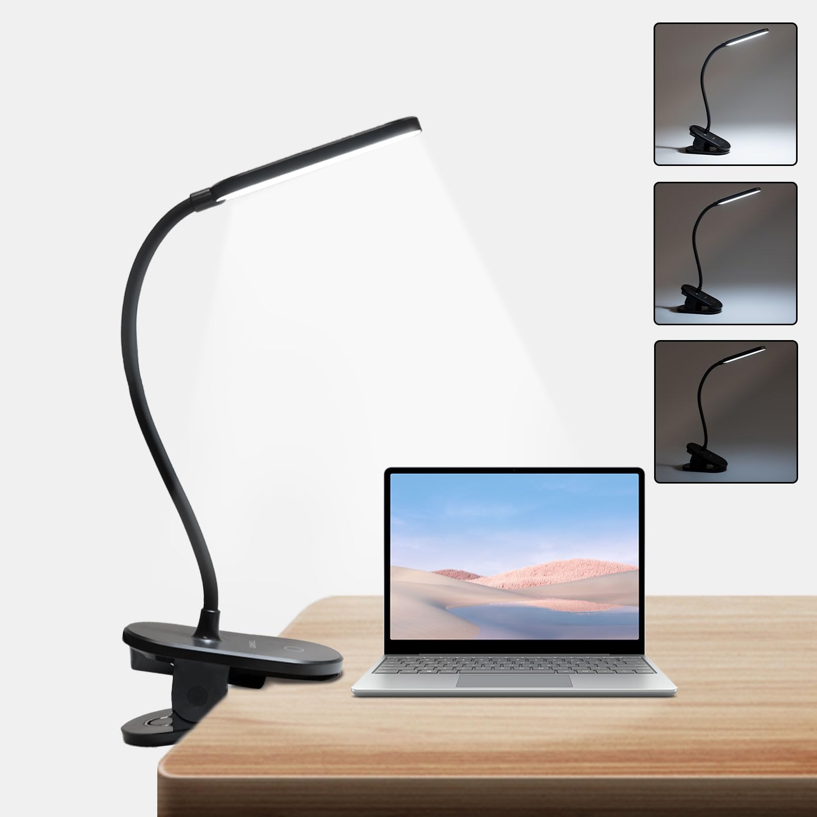 LQWELL® Lampa Z Klipsem Do Lampki Do Czytania W ŁÓŻku, Zasilana Bateryjnie, Ściemniana Lampa Zaciskowa, 3 Poziomy Jasności I Lampa Biurkowa Z Elastycznym 360° Do Domowego Biura (Czarny)