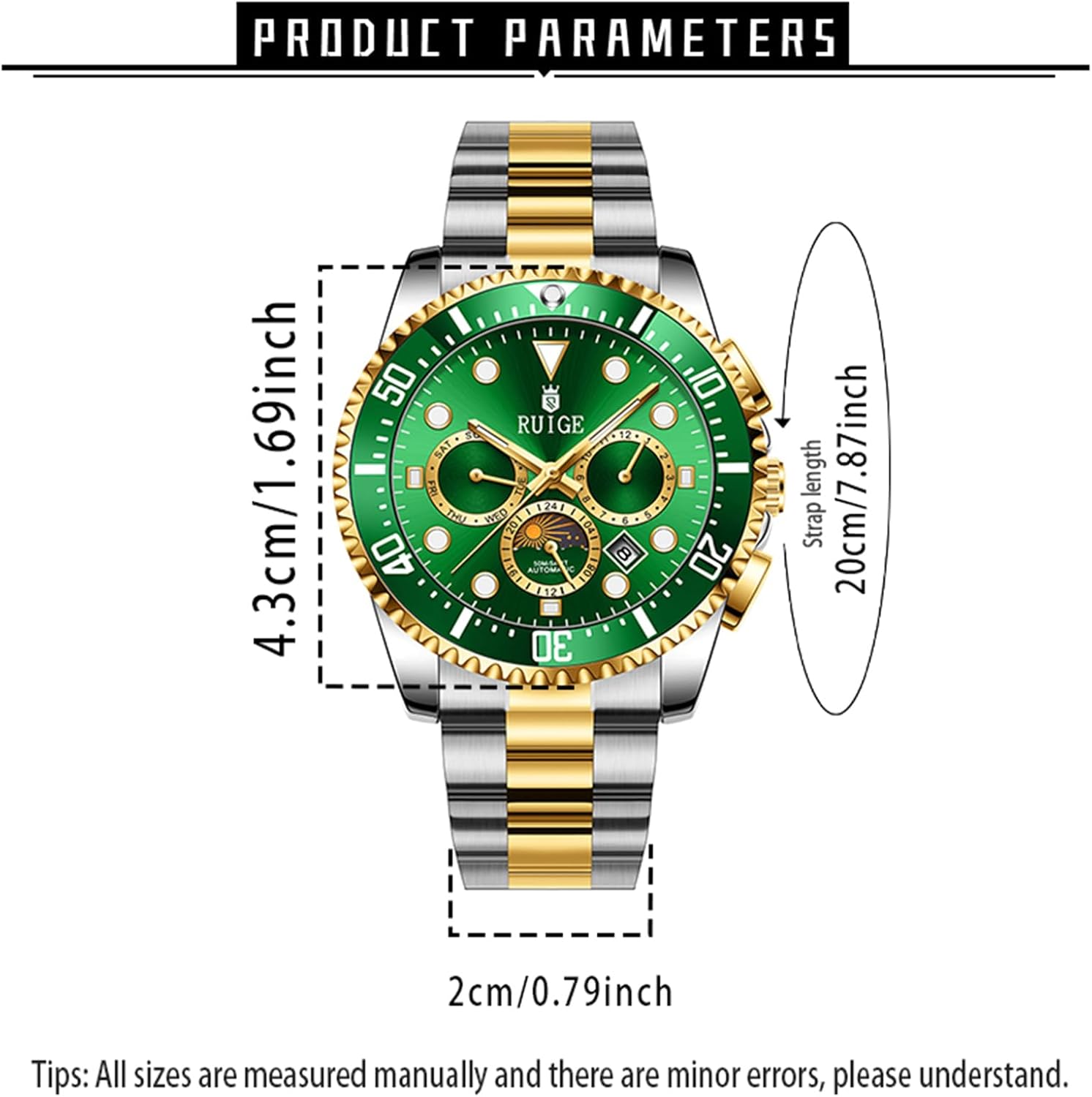 RUIGE Multifunctional Men's Fully Automatic Mechanical Watch Stainless Steel Three Eye six Needle Men's Night Light Waterproof Fashion Trend Business Watch A10 - Image 2