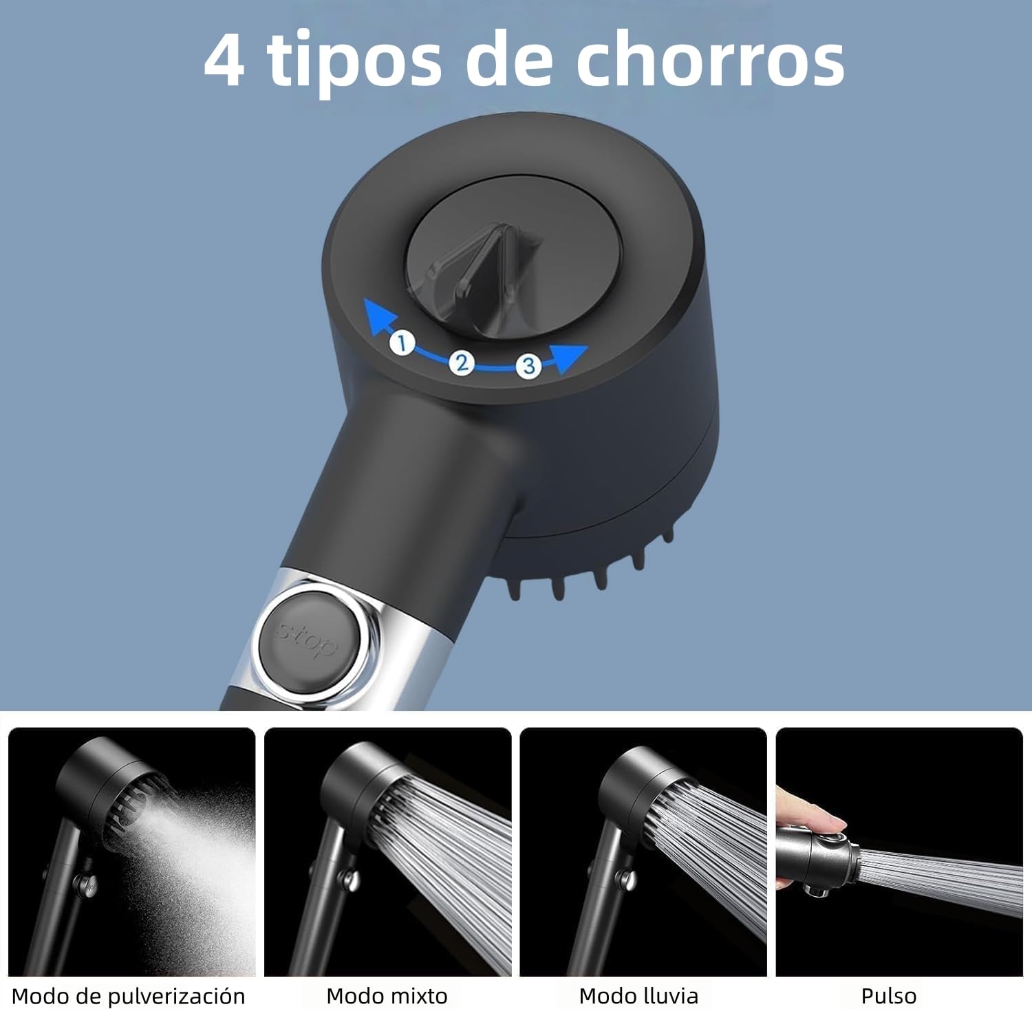 Alcachofa de Ducha con Filtro Antical,1.5M Manguera y Soporte,Cabezal de Ducha Mano con 4 Modos,Cabezal de ducha con filtro y OFF/ON Switch, Adecuado para limpiar mascotas y baños,Negro Profundo