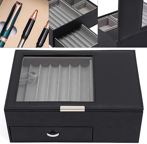 Miniatura 8 de LYNICESHOP Caja de exhibición de bolígrafo 2 capas grandes con ventana de cristal caja organizadora de 14 ranuras para guardar botellas de tinta