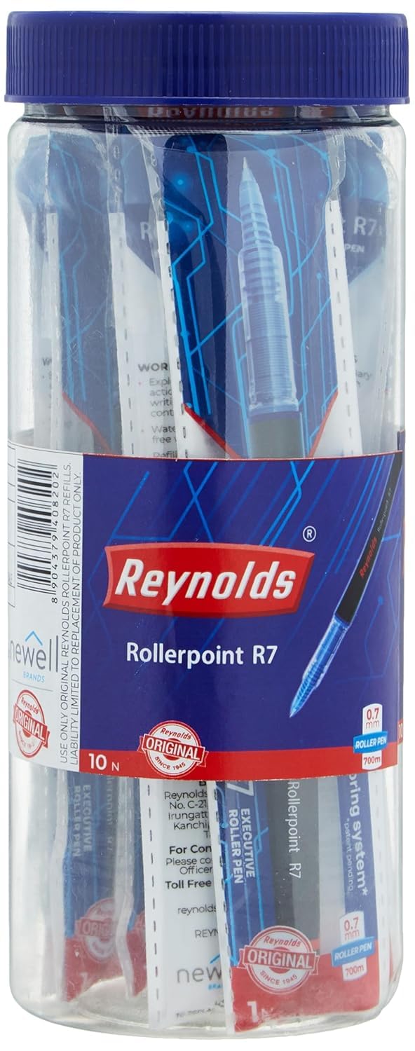 Reynolds R7 8 BLUE 2 BLACK RollerBall Pens| Roller PEN WITH COMFORTABLE GRIP | BLUE ROLLER BALL PENS FOR WRITING | PEN FOR PROFESSIONALS | 0.7 mm TIP SIZE-image-0