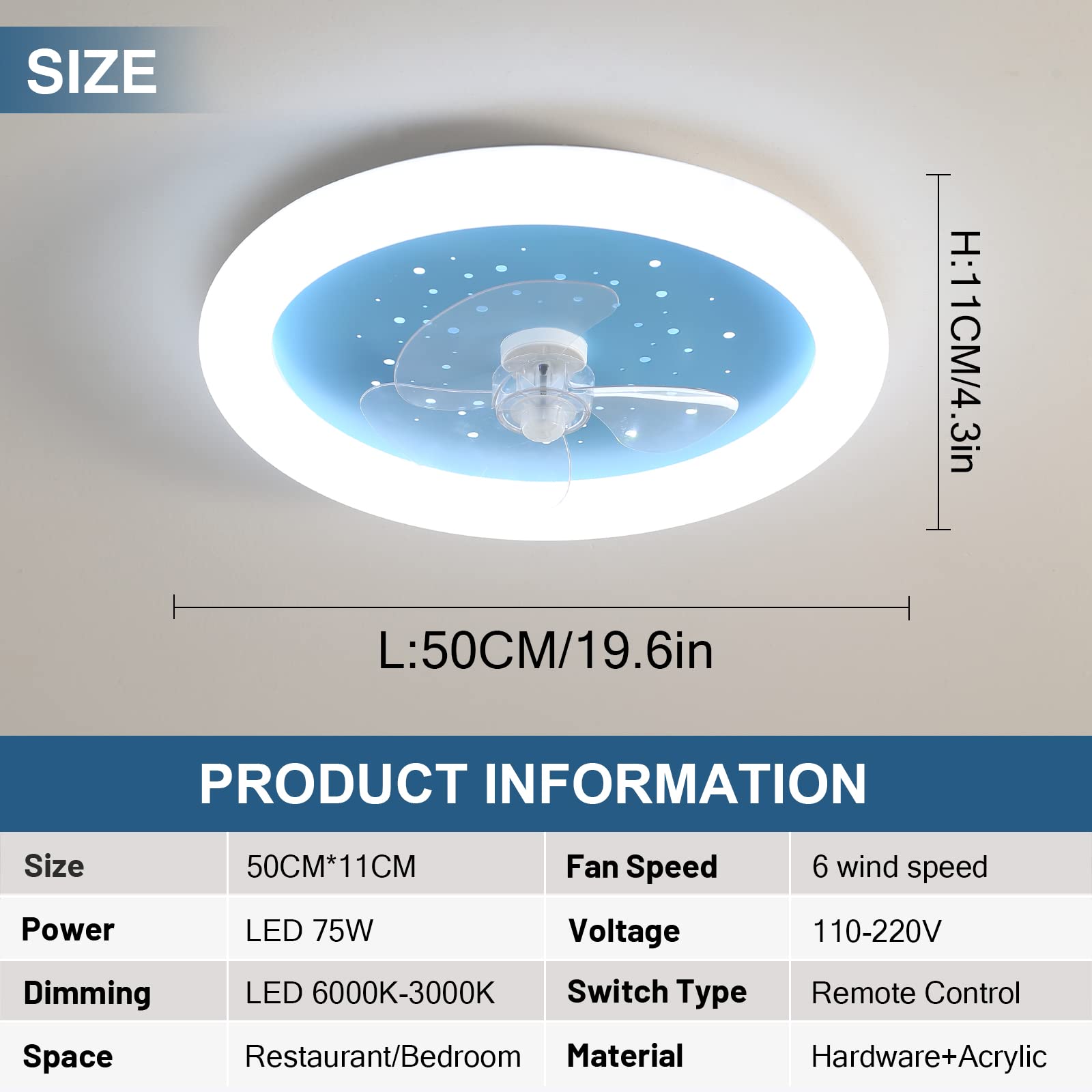 Ventilatore A Soffitto Con Luce LED Dimmerabile E Telecomando – 36W, Silenzioso, Regolabile 3000-6500K, Bianco Per Cameretta
