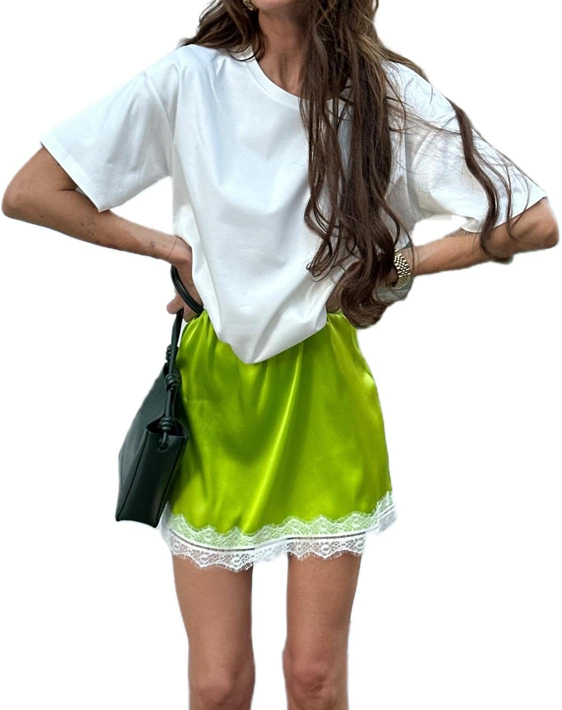 Bocymolay Women Satin Silk Mini Skirts Lace Trim Silky Slip Skirt Elastic Waist Shirt Extender Layered Underskirts