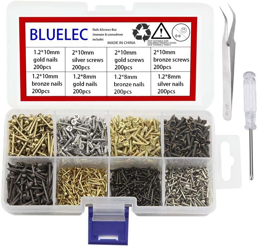 M2 Small Screws &Nails Set 1600pcs Tiny Phillips Flat Head Self-Tapping Screws and Wood String Art Nails 8mm 10mm, Contains Manual Repair Tools