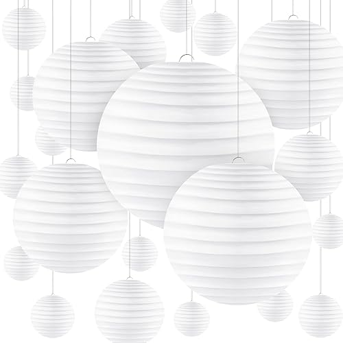 Miniatura 8 de Paquete de 30 linternas de papel redondas blancas decorativas chinas para decoración de fiesta de boda, 4, 6, 8, 10, 12 pulgadas, con línea para