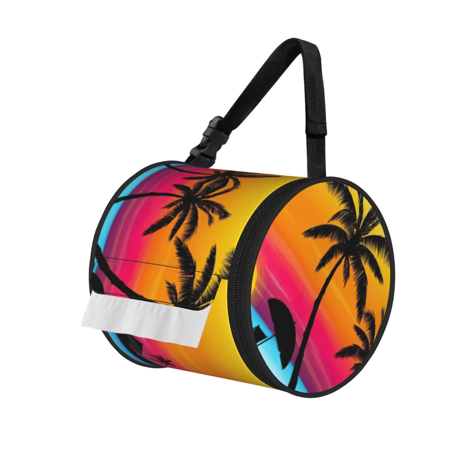Sunset Palm Tree Print Fashion Tissues Organizer Box, Hanging Tissue Holder For Purse Coins For Car Office Daily Outing