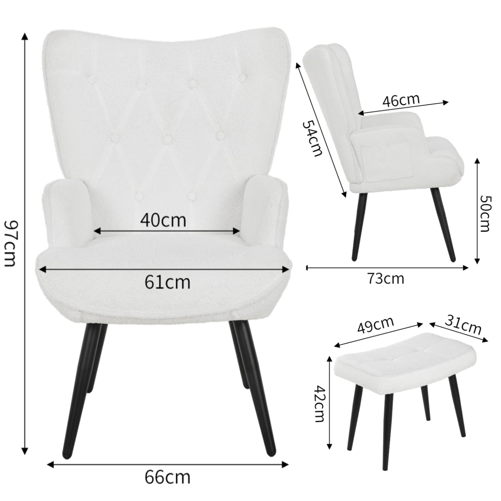 Clevich Ohrensessel - Gemütlicher Loungesessel mit Hocker, Lesesesselaus, Chenille Armchair für Wohnzimmer & Schlafzimmer - Bis 168kg (Weiß)