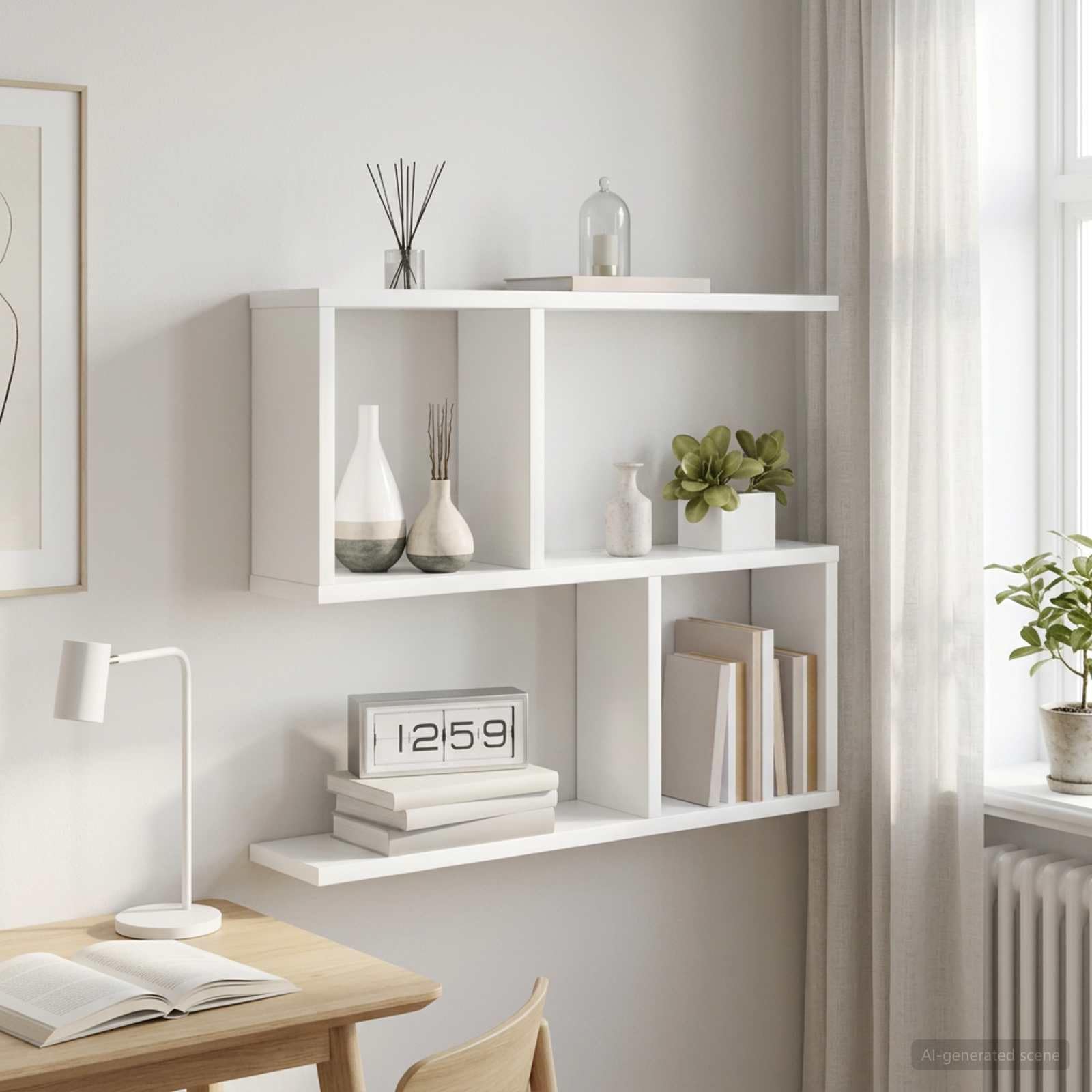 Regał ścienny, biały, materiał drewnopochodny, 60 x 12 x 50,5 cm, z 4 półkami, montowana na ścianie, półka do salonu, sypialni, kuchni, korytarza, do oszczędzającego miejsce przechowywania i