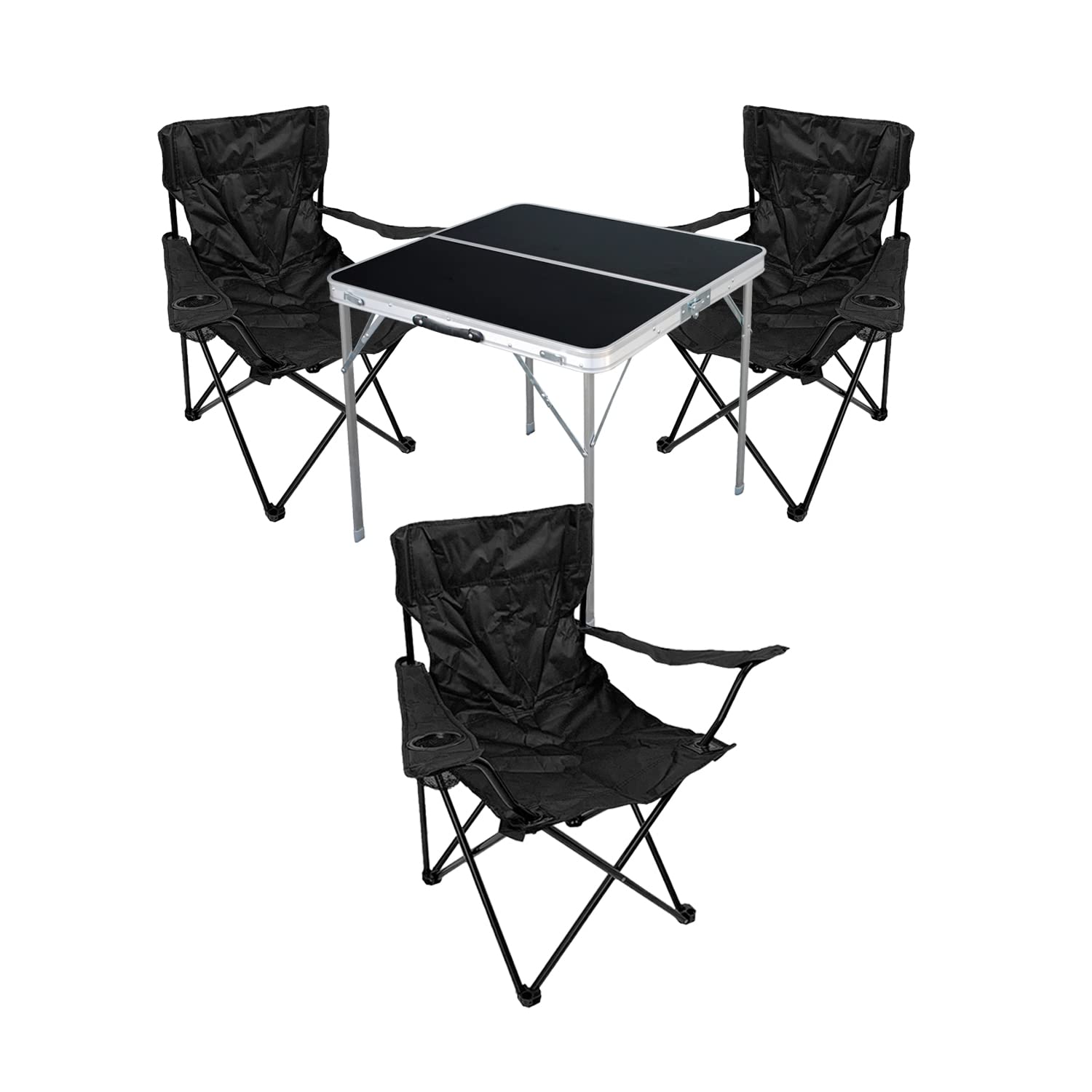 4tlg. Campingmöbel Set Alu 80x80x70cm 1x Campingtisch schwarz mit Tragegriff + 3 Anglerstühle, Faltstühle Campingstühle Schwarz