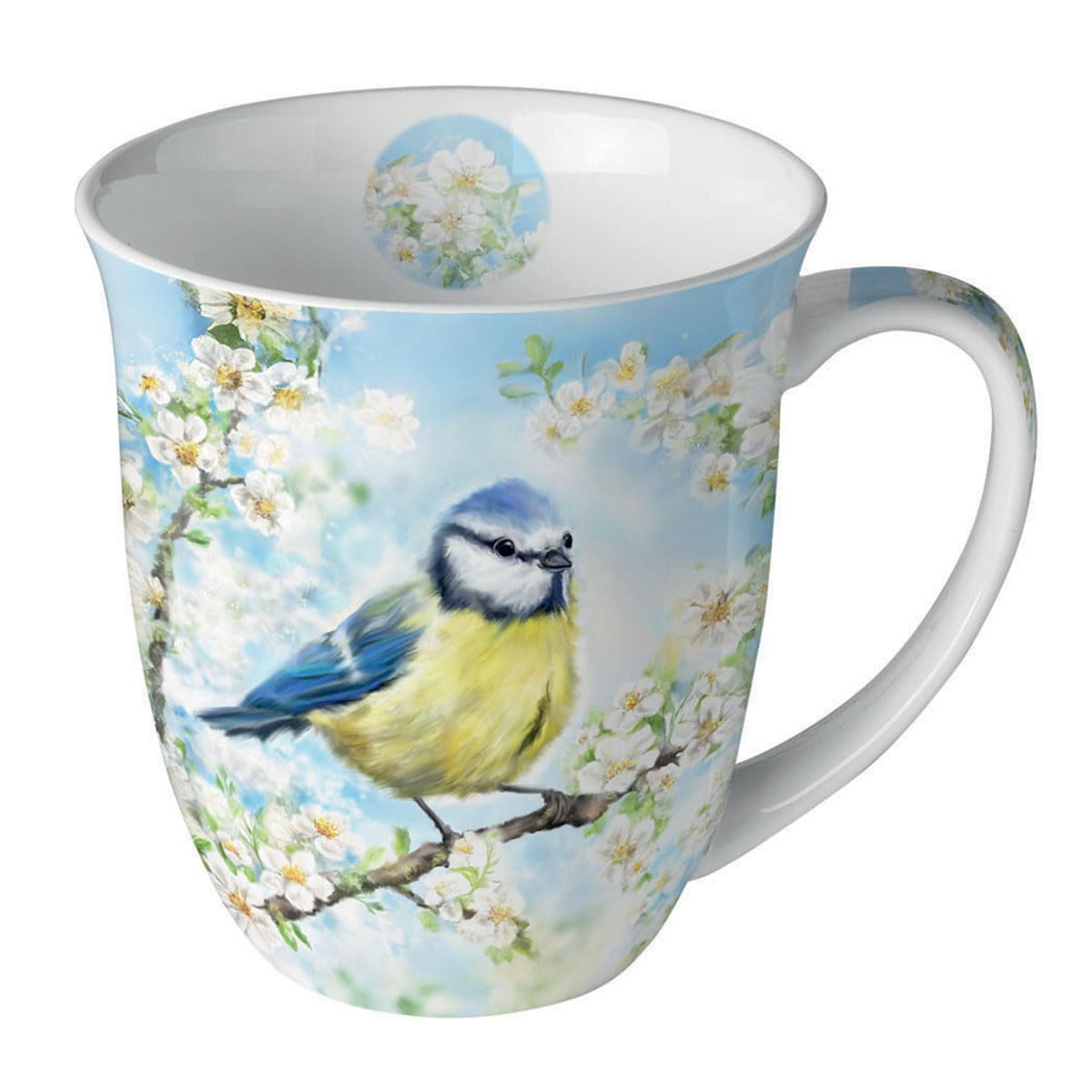 Tasse 10cm Porzellan mit Blaumeise und Blütenmotiv - 0,4L Keramiktasse Porzellangeschirr - Kaffeetasse Teetasse Kakaotasse - Frühlingsgeschirr Tassen & Becher