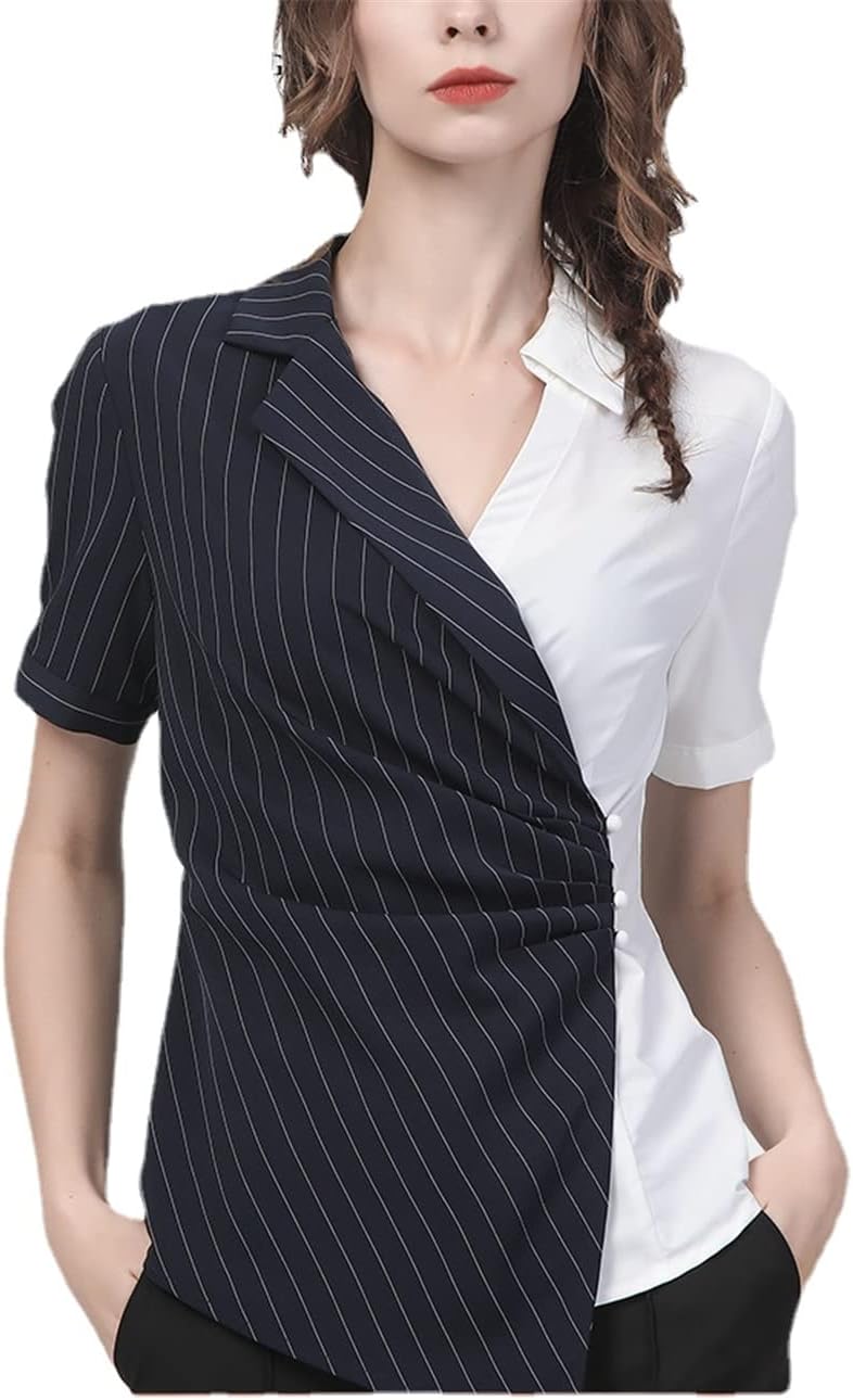 Contrast Color Women Stripe Shirt Elegant Slim Button-Down Spring Summer Tops Suit Shirts