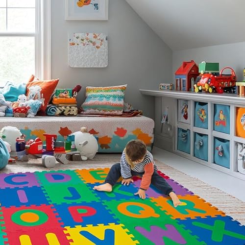 Miniatura 2 de Hey! Play! Tapete de juego de azulejos de espuma entrelazados con letras – Azulejos de rompecabezas multicolor no tóxicos para niños para salas de