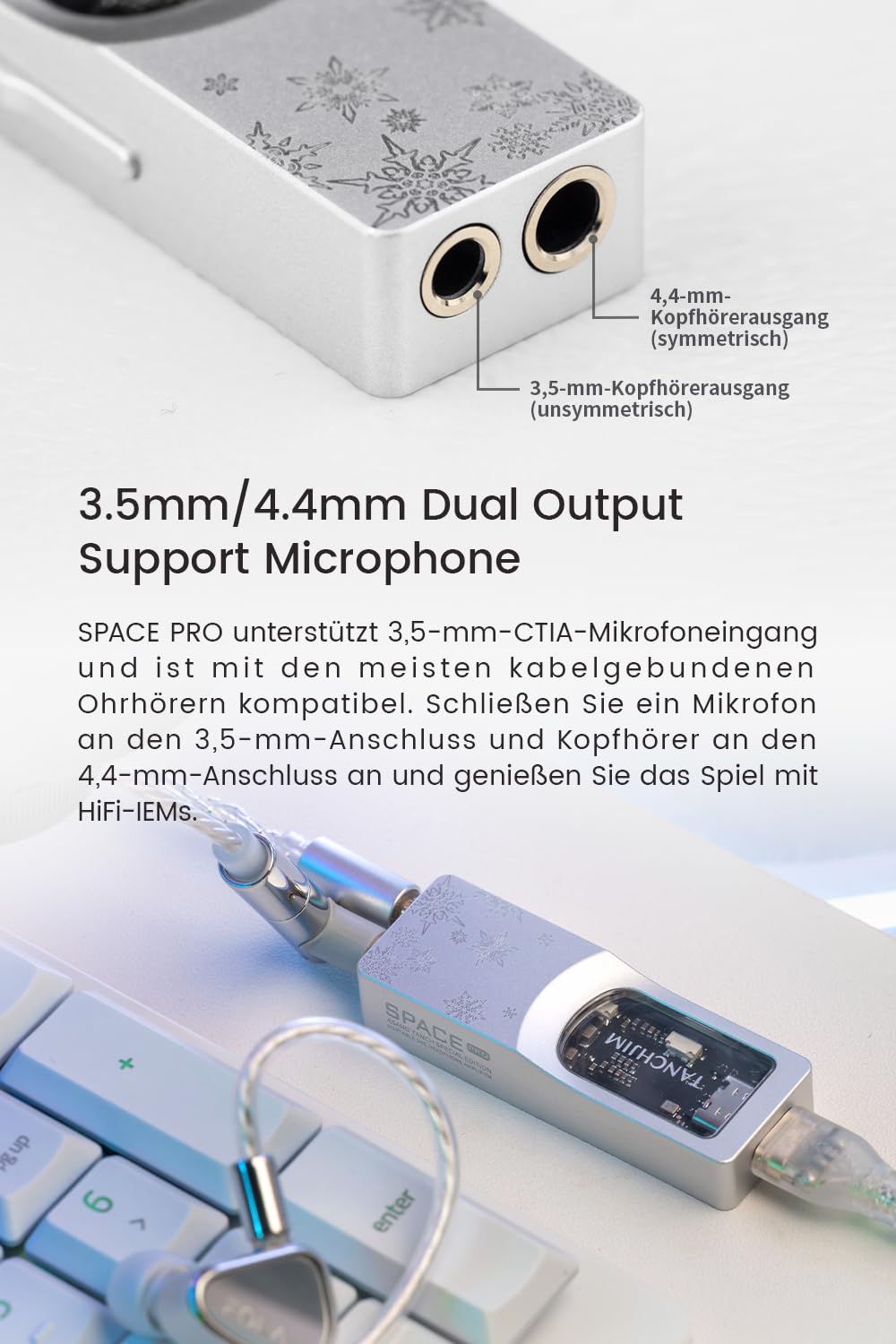 TANCHJIM SPACE PRO Kopfhörerverstärker, Dual DS43198 DAC unabhängiger Op-AMP für Gaming/Audio, PCM32bit/768KHz DSD256 Hochleistungs-Portable-Decoder mit Mic & Virtual 5.1/7.1, 3.5/4.4mm Ausgang