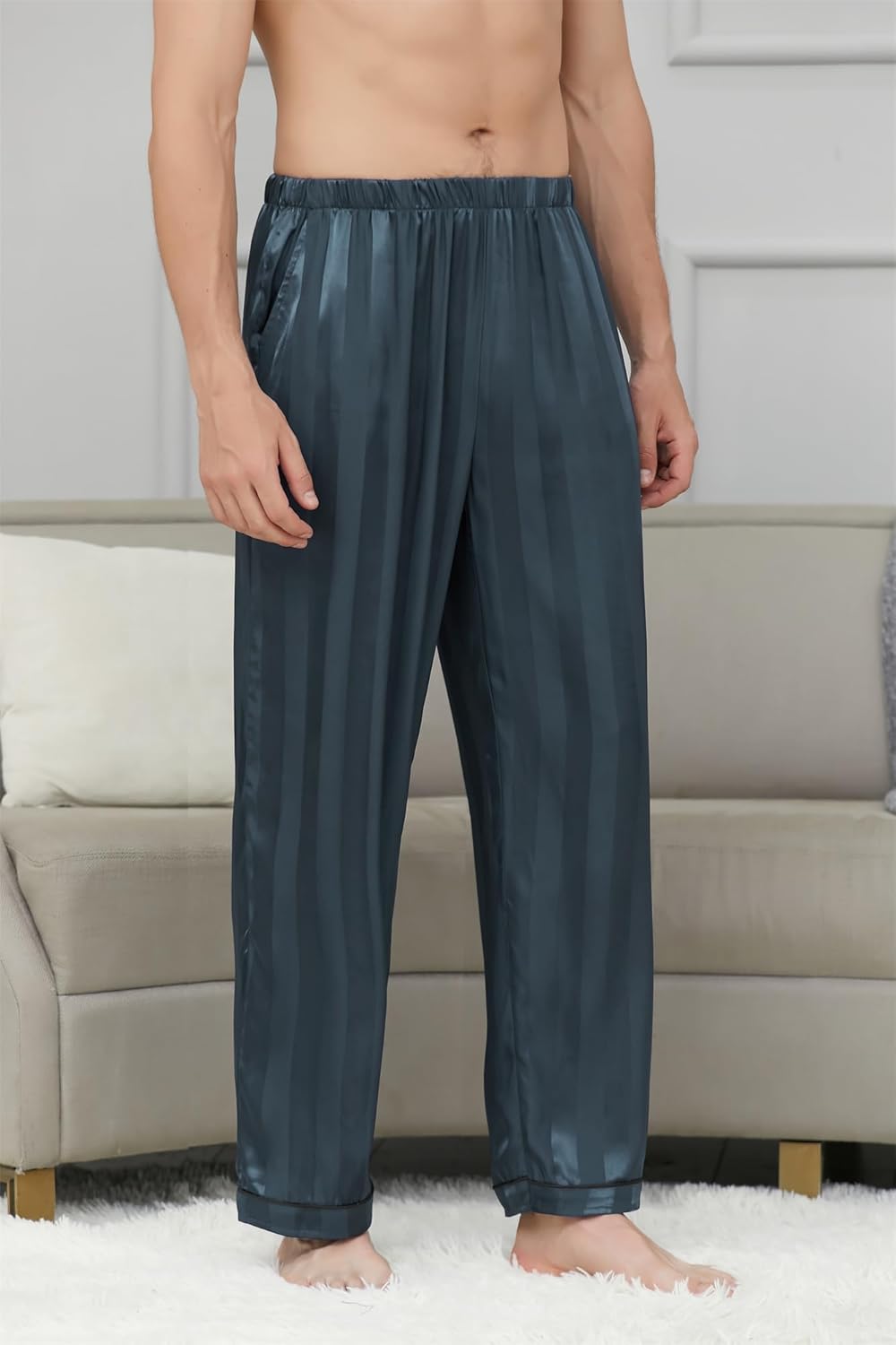 Cromoncent Men's Satin Silky Pajama Pants - Pocketed Soft Cozy Lounge Sleepwear with Elastic Waist S-XXL - Image 2